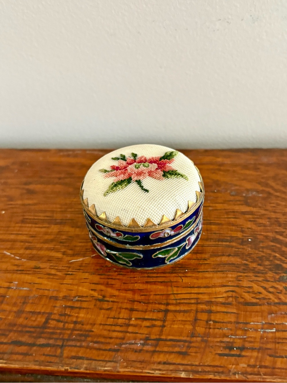Embroidered Floral Round Cloisonné Trinket Box - Cobalt Blue